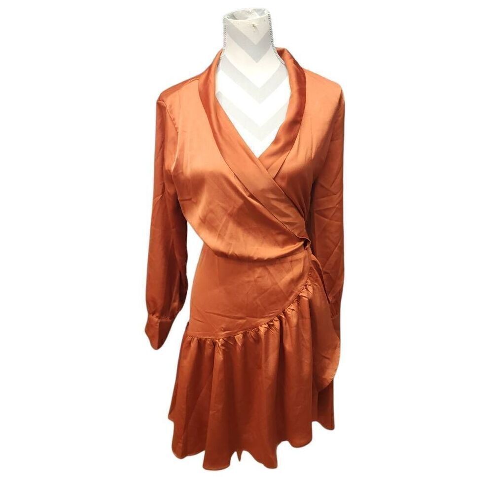Women's Size XL Burnt Orange Dress Long Sleeve Lantern Sleeve Knot Side Ruffle T